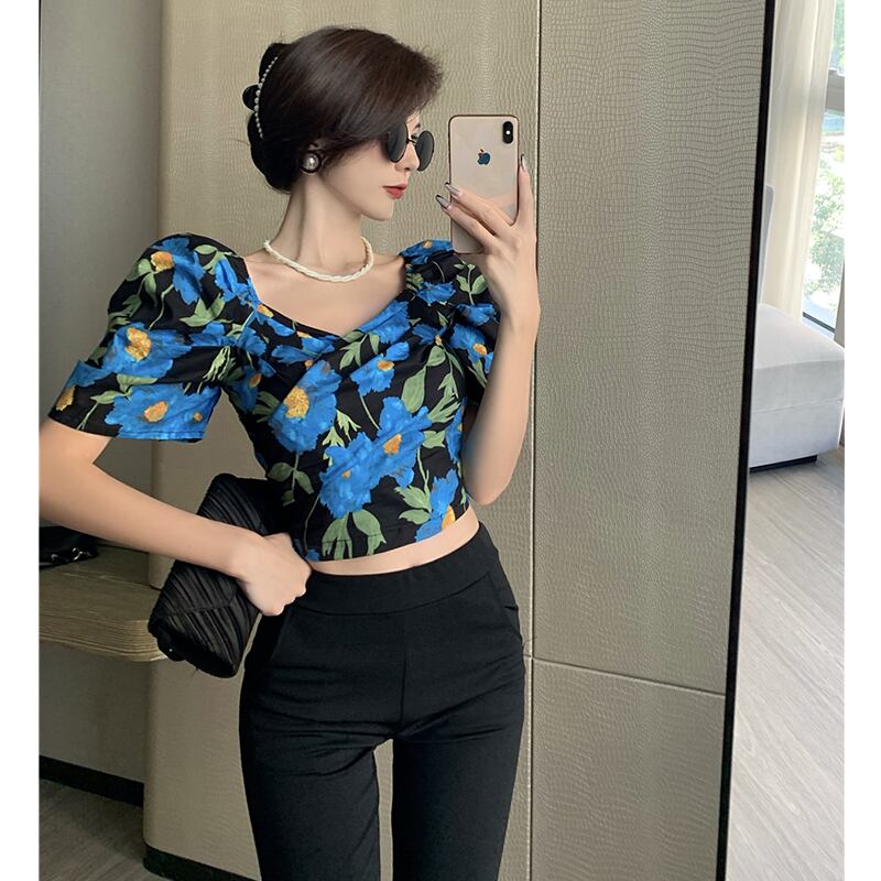 サマーVネックプリントショートシャツ スタンダードフローラルブラウス レトロ 夏物 花柄 セブンプリンセス18192587787