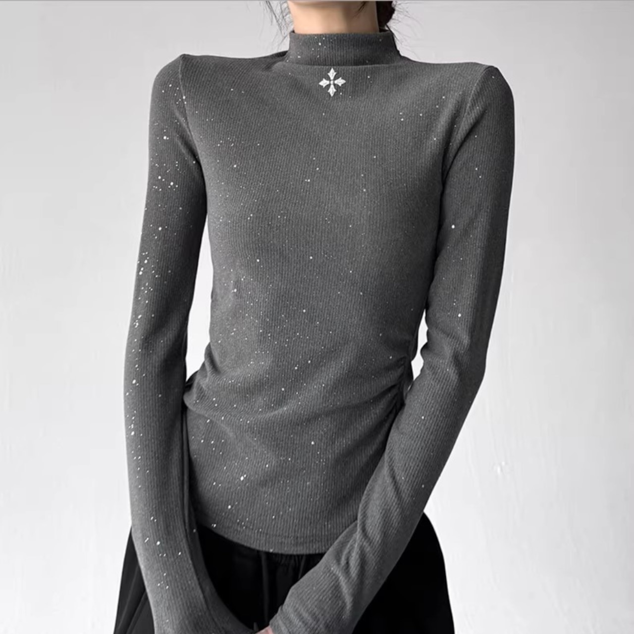 Winter Long Sleeve T-Shirt, Sparkly Mock Neck Slim Fit Top (ME295)