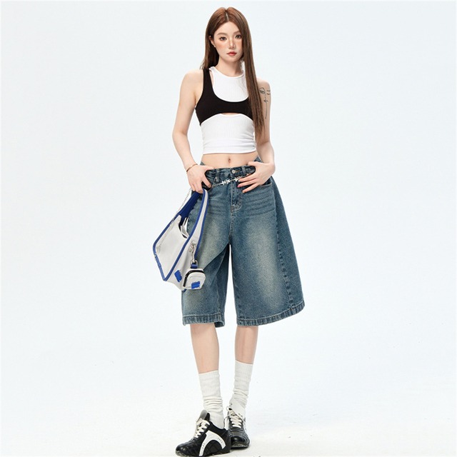 【JXシリーズ】ボトムス デニムパンツ ハイウエスト 5分丈 リラックス ブルー XS S M L XL