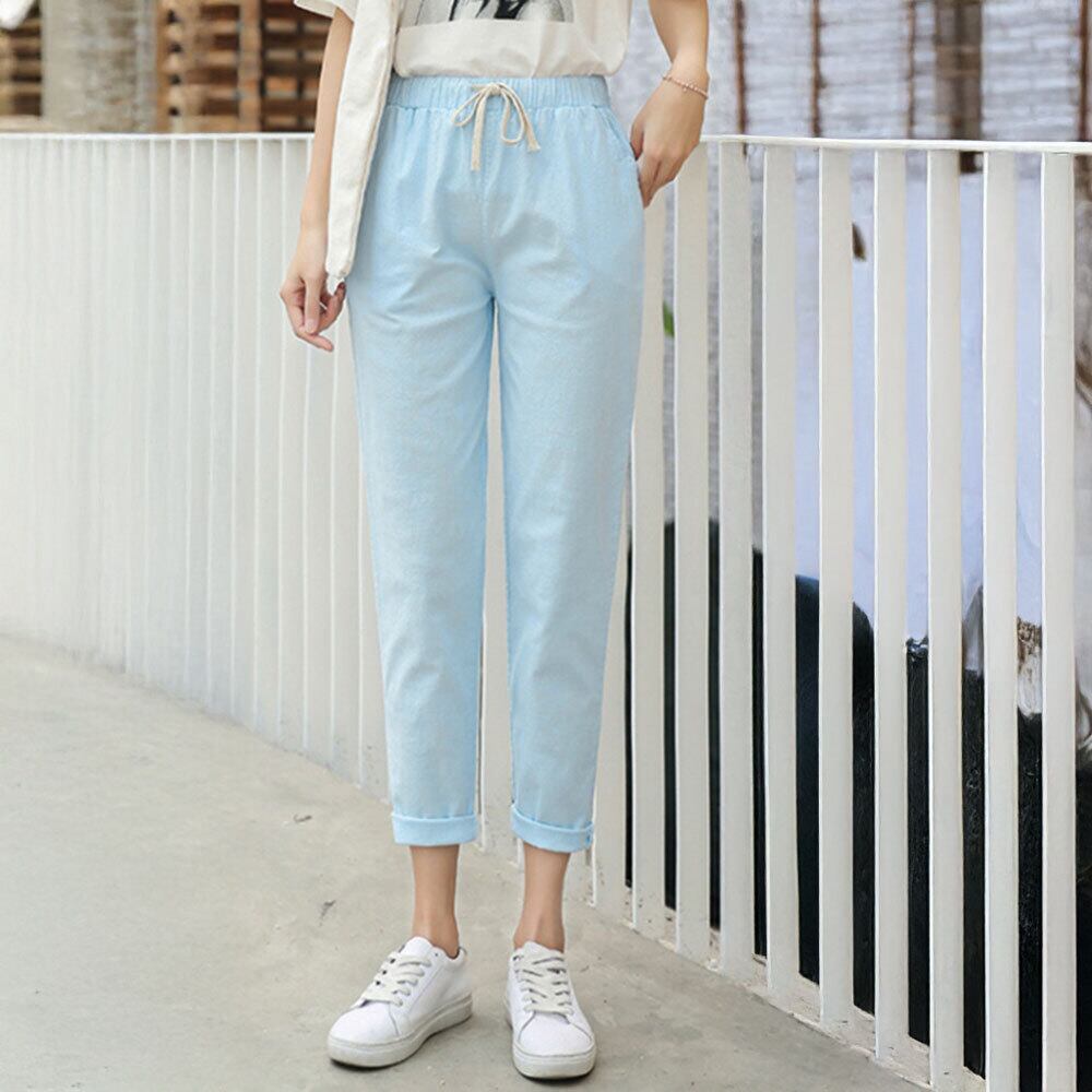 綿麻 アンクル パンツ レディース ストレート 春夏秋 韓国 きれいめ 大人 カジュアル おしゃれ シンプル 9分丈 薄手 カラーパンツ ウエストゴム 大人可愛い 大人女子