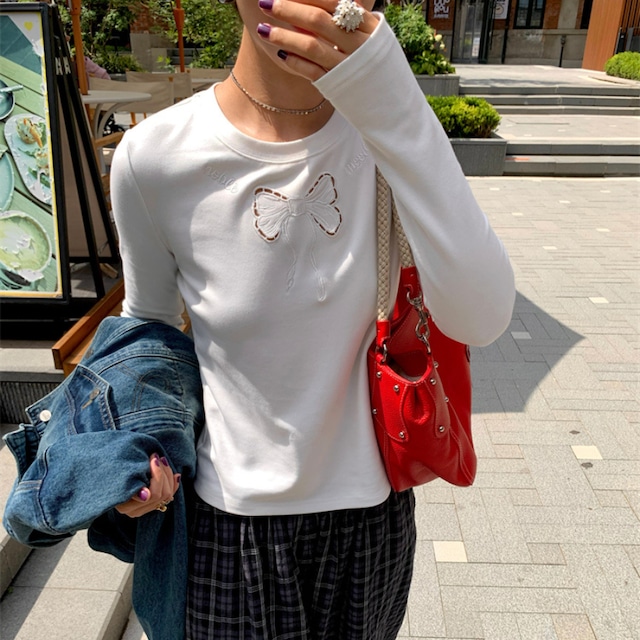ribbon cutwork long sleeve t-shirt J00165