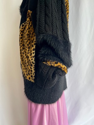 【KOH ISHIGURO】"再構築" REMAKE Leopard print and knit patchwork cardigan