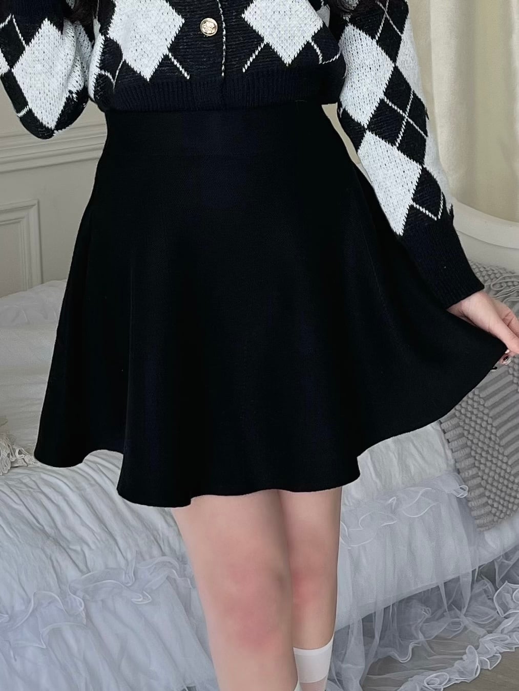 【LAST2】flare knit skirt-BLACK