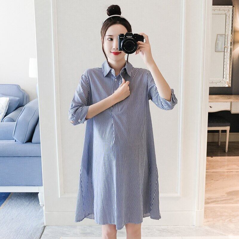 【新作】【送料無料】 8987＃マタニティ服春秋コットンストライプ長袖ゆったりとしたスタイリッシュなドレス妊婦妊娠中の服 ロング スプリング 春物 オータム 秋物 AL expec377049058403