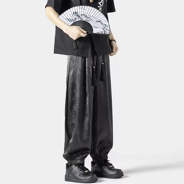 【之】★ズボン★ブラック ホワイト ファスナー デザイン メンズ 中国ファッション 龍柄