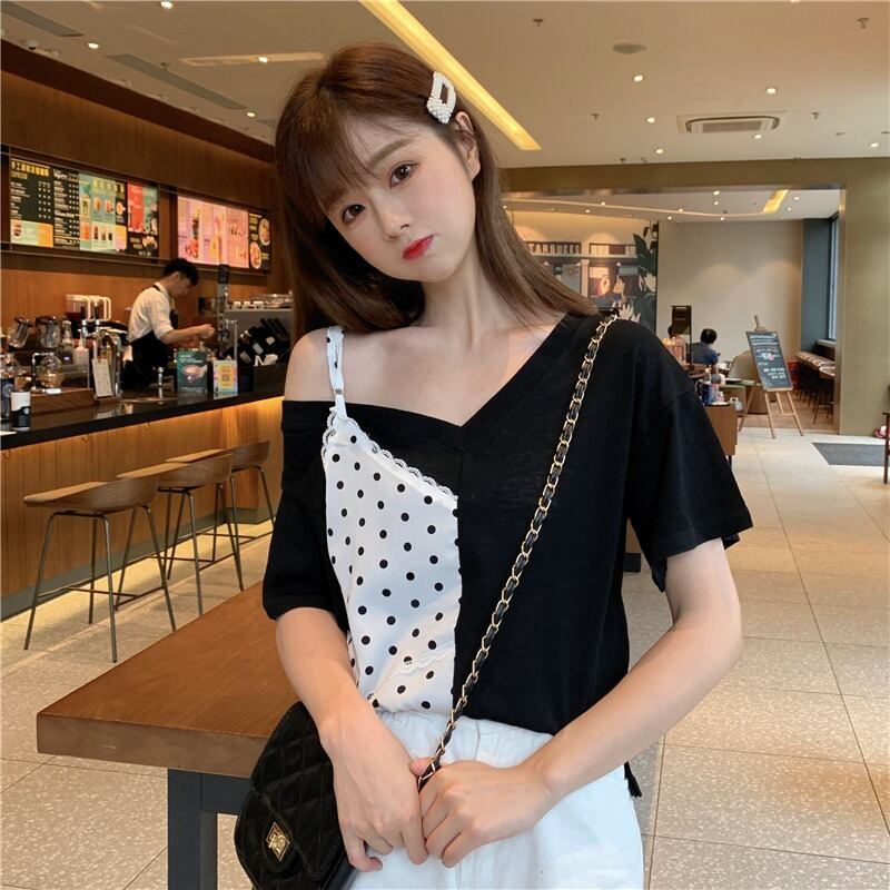 洋風Tシャツレディースサマードレス2020新デザインセンスの丁寧なマシンスーパーフェアリーウェーブドットステッチVネック半袖Tシャツ 1号婦人99208310219