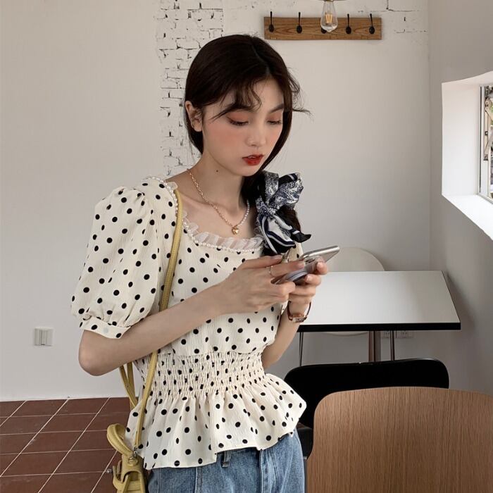 ショートブラウス レディーススタンダードカラーシャツ サマー レトロ 夏物 スクウェア モンロー74175351593