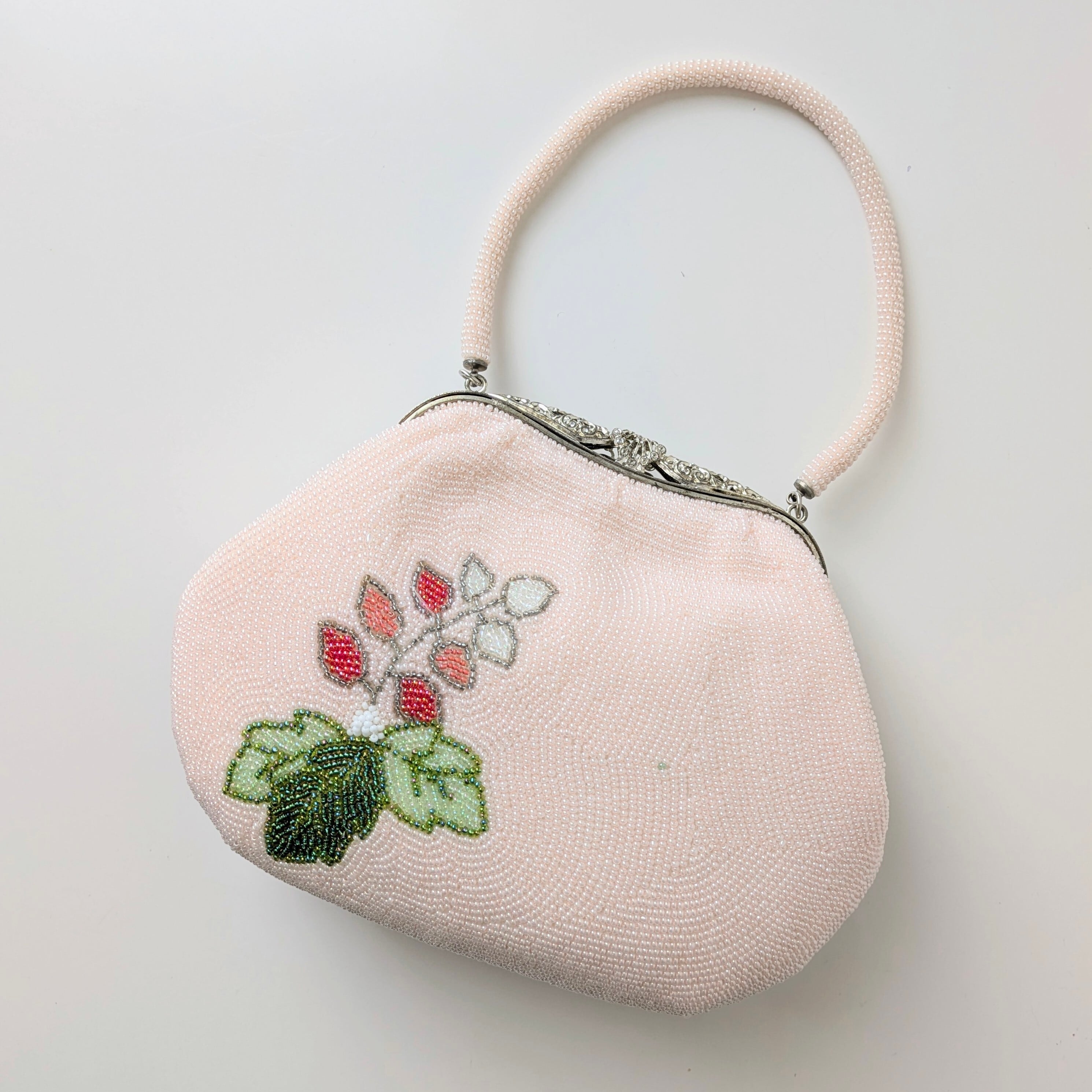 Vintage】ビーズ刺繍バッグ ピンク 藤の花模様 パーティーバッグ 昭和