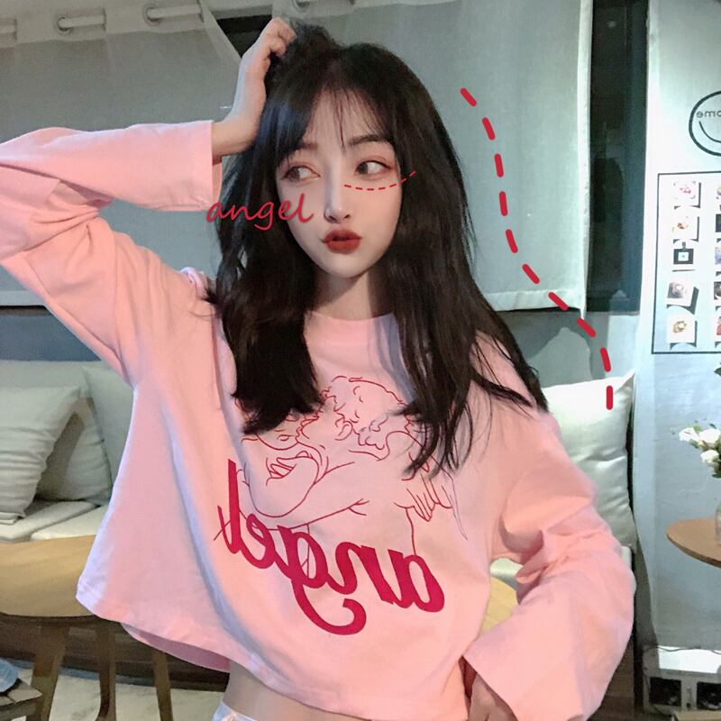 スプリングルーズTシャツ ショートオータムトップス レディース ロング ピンク 春物 秋物 試着室7720966052