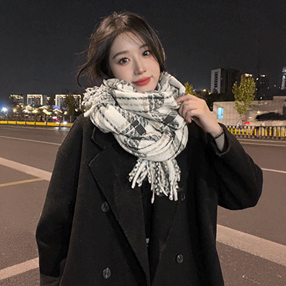 チェック柄 大判 フリンジマフラー レディース 秋冬 韓国 マフラー