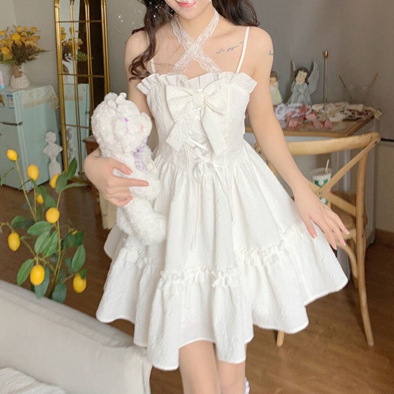 送料無料 HOUZHOU 白ドレス女性スリップドレス夏甘い弓妖精サンドレス 