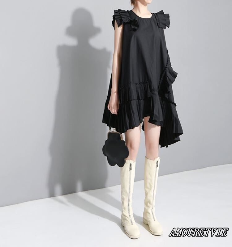 ミニワンピース トップス 黒 ブラック 白 ホワイト プリーツ アシンメトリー モダン シック モード系 ヴィジュアル系 703 Amouretvie 韓国系 モード系 個性的ファッションの通販サイト