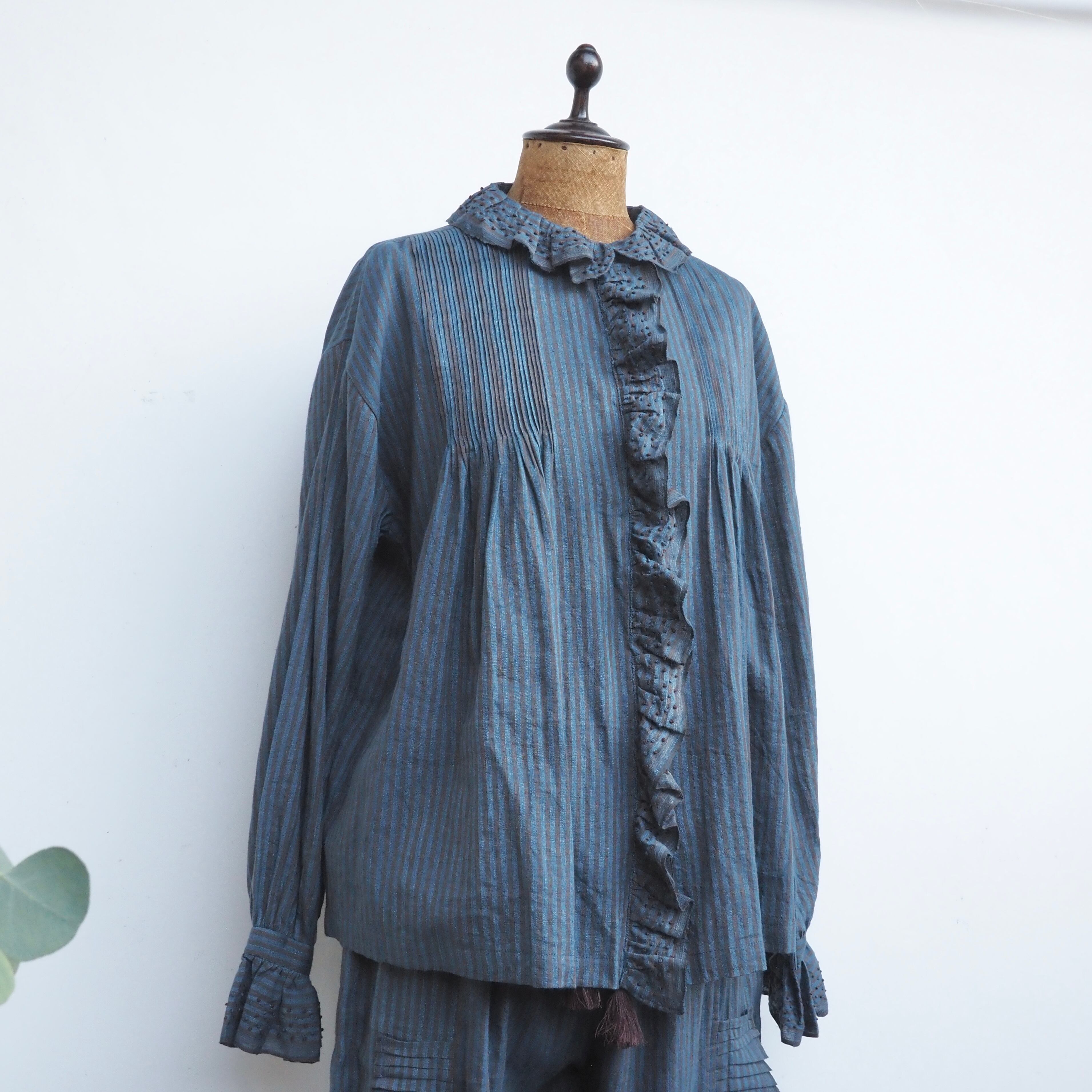 BUNON/Embroidery Frill Blouse /ブラウス(Brown×Blue strip)