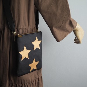 Zipper Pochette (Star-shaped Gold/Black) Genuine Leather Smartphone Mini Shoulder Bag