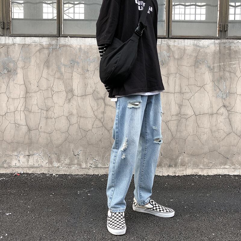 全1色 デニム パンツ ストレート カジュアル ダメージ おしゃれ