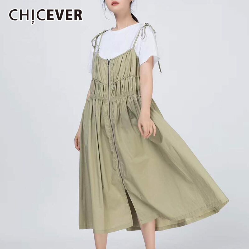 CHICEVERボウノットドレスレディーススクエアカラーオフショルダースリングノースリーブポケット非対称シャーリングミディドレス2020 リボン スクウェア 6base544022473274