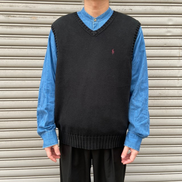 90s Ralph lauren コットンニットベスト　黒　XL