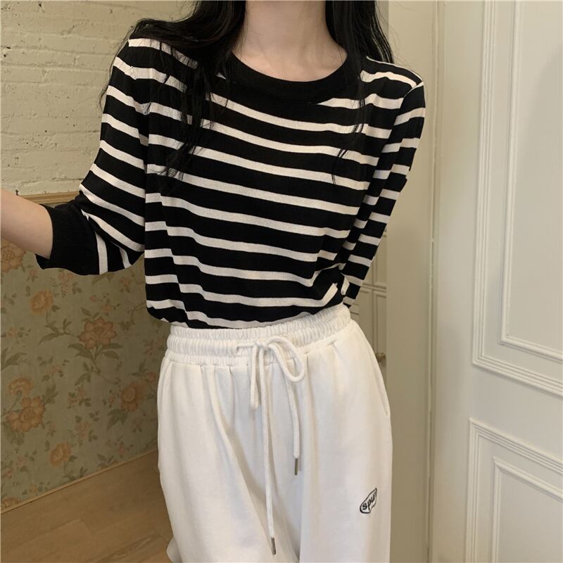 ストライプニットTシャツ サマー薄手 大人ガーリー スウィート キュート カジュアル 夏物 シルク 1号婦人45536584855