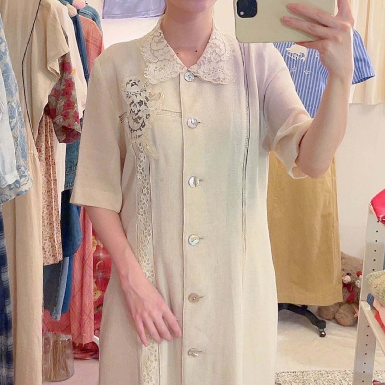 lace collar linen beige one-piece