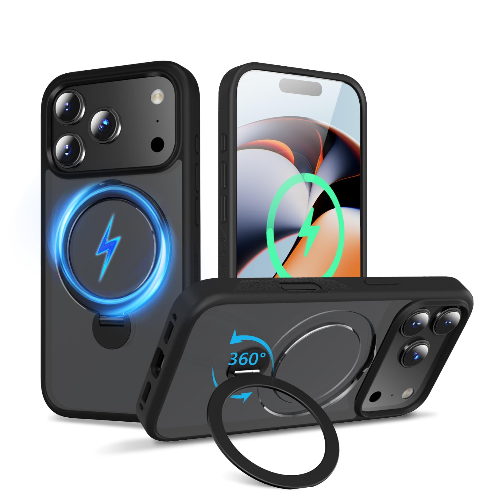 【2025新開発・定点360度回転スタンド】KWATUNG iphone 17 pro 用 ケース MagSafe対応 ワイヤレス充電対応 アイフォン17pro 用 ケース 隠し収納式スタンド 横縦両立 角度調整 iphone17プロ用 リング マグネット搭載 超強磁力 いphone17pro用 6.3インチ 指紋防止 滑り止め 米軍MIL規格耐衝撃 マット仕上げ 黄変防止【ブラック】