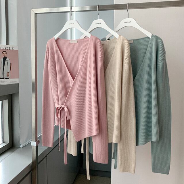 全4色 アイボリー/ピンク/グリーン/ブラック レディース トップス カシュクール Vライン ウエストリボン リブニット S/M/L/XL/2XL