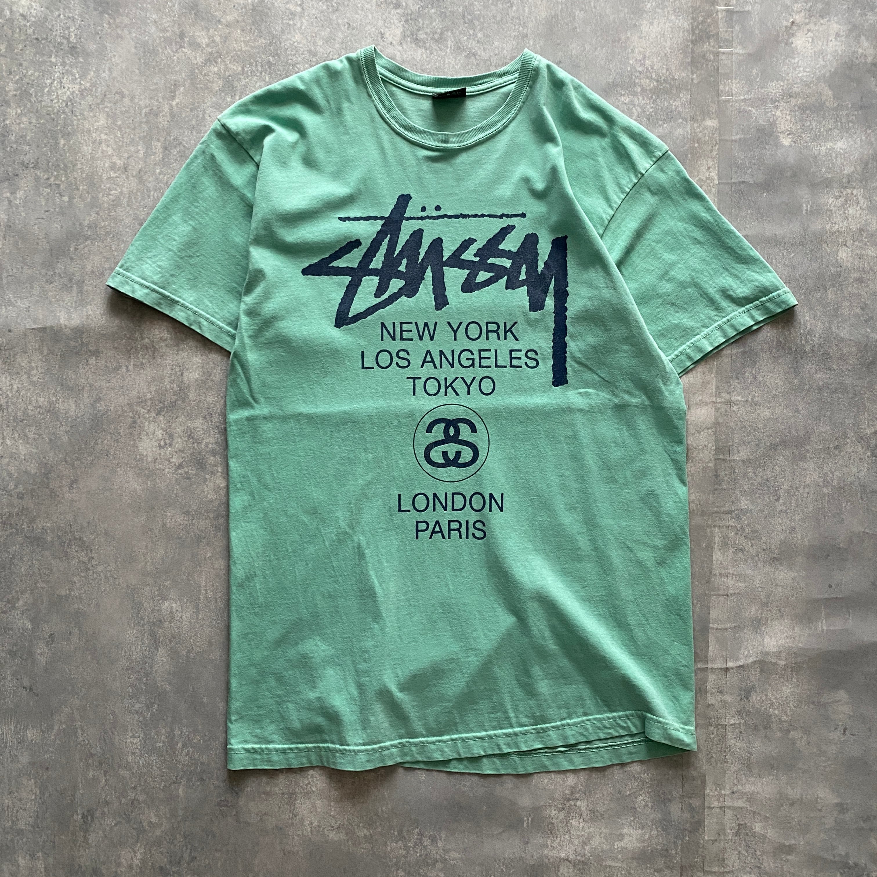 STUSSY　スウェットトレーナー　XL　グリーン　両面プリント　ワールドツアー