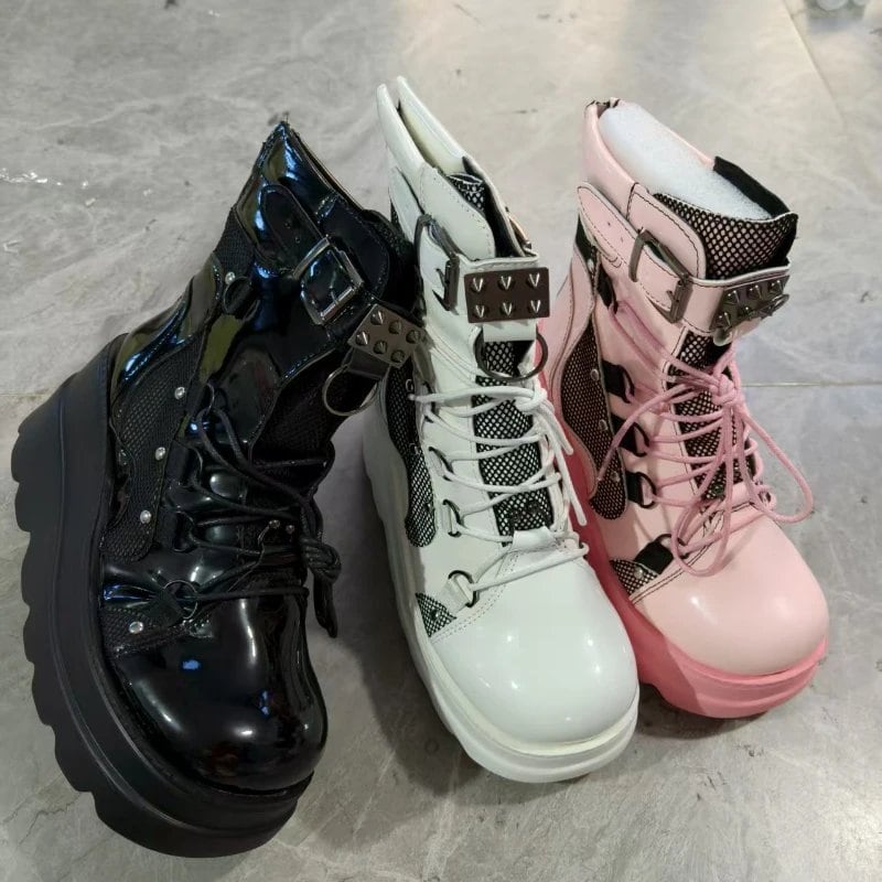 パンクスタイルの女性用ハイヒールシューズ、春と秋の新作、バックル装飾プラットフォーム厚底ハイヒールブーツ。