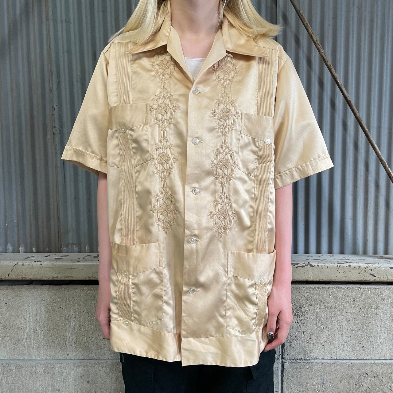 60年代〜70年代 GUAYABERA TULUM 刺繍 プリーツ シルク サテン 開襟 