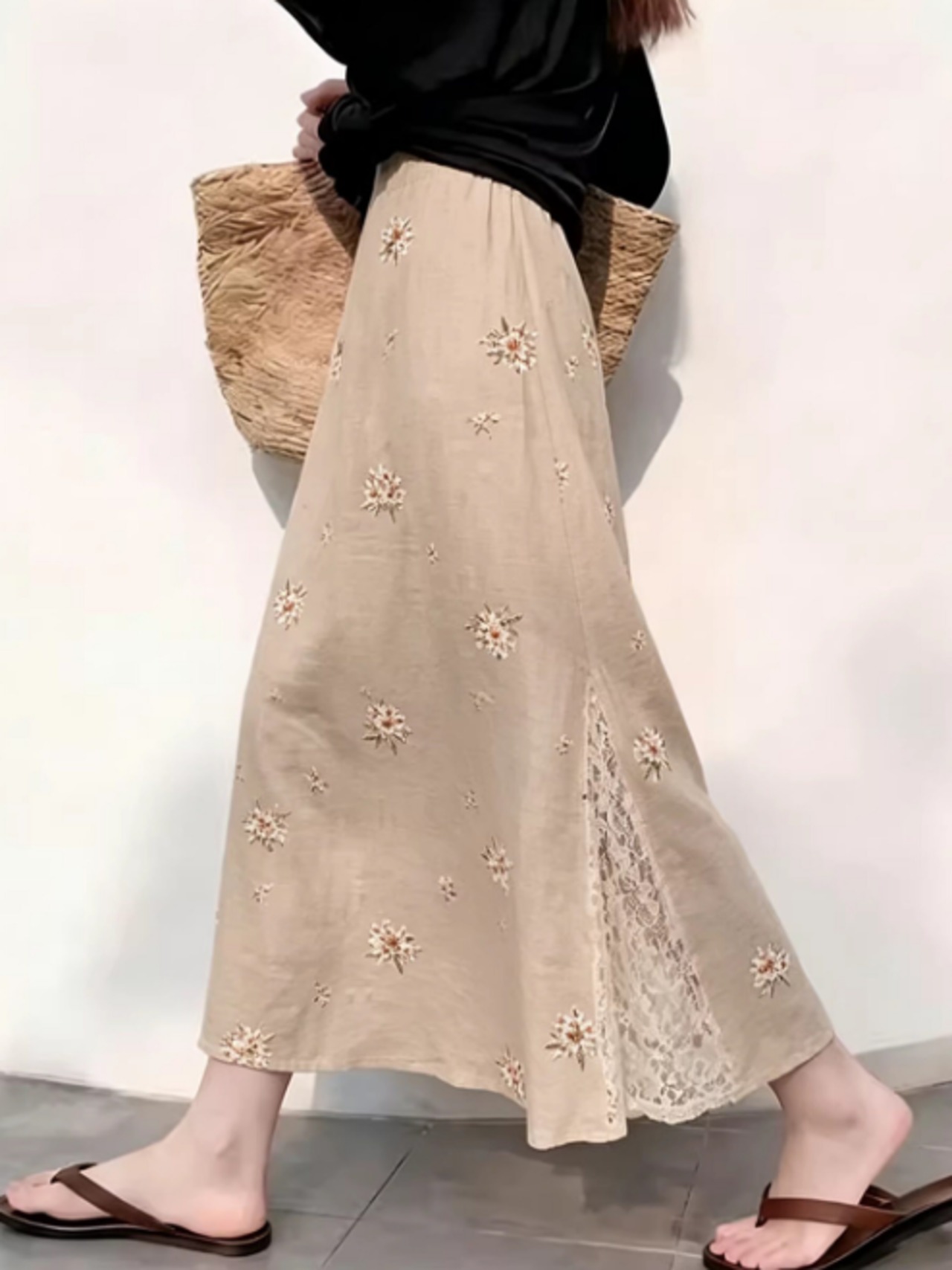 刺繍レース切替 リネン混ロングスカート