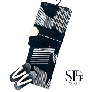 浴衣ジェンヌ 浴衣5点セット 黒 白 モノトーン 綿 ゆかた 半幅帯 浴衣