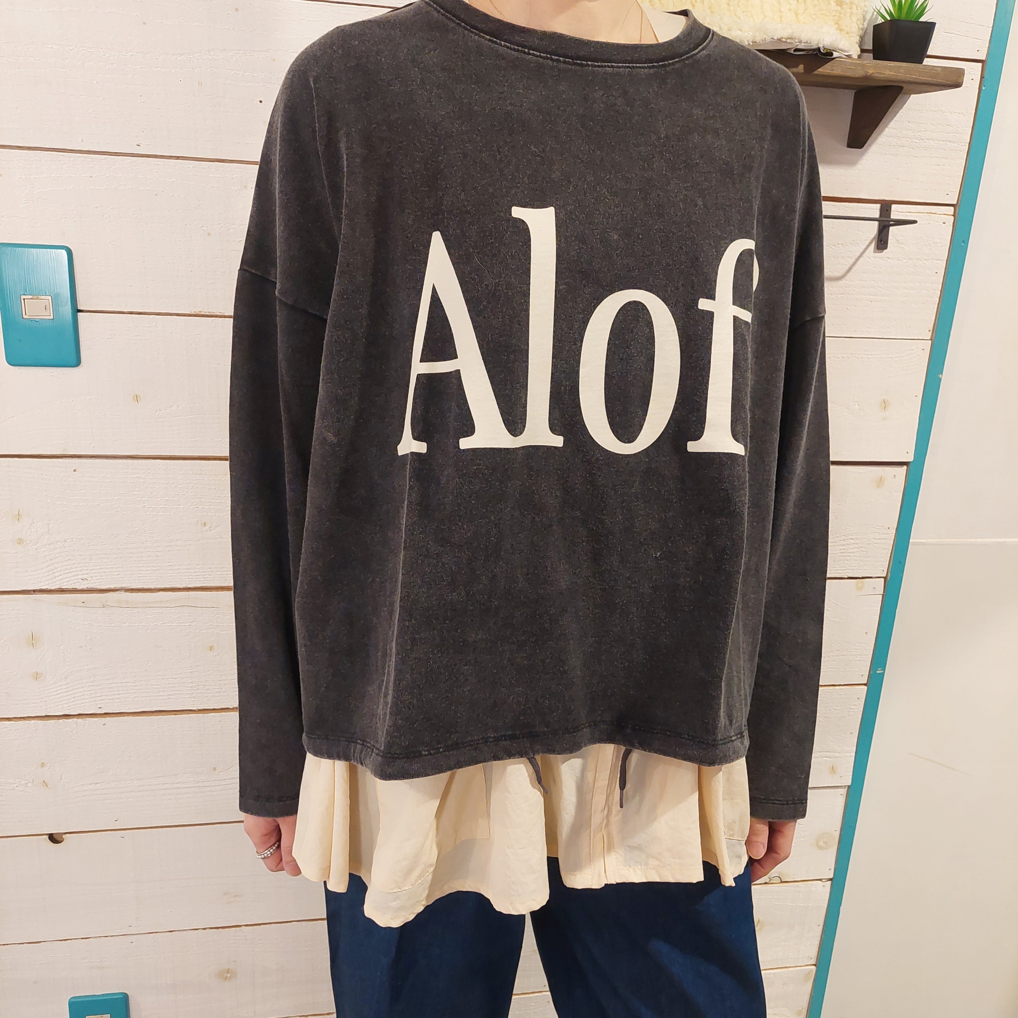 『People's』 2973  パウダー加工 天竺編み 裾センタードロスト Alofi ロゴ プリント ワイド Tシャツ ロンT