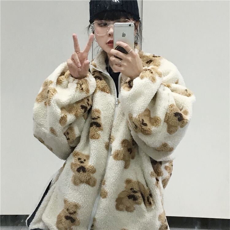 送料無料】KOREAくまちゃんジッパーもこもこブルゾン コート
