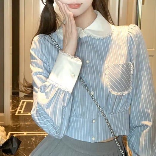 ストライプクロップドフリルシャツ