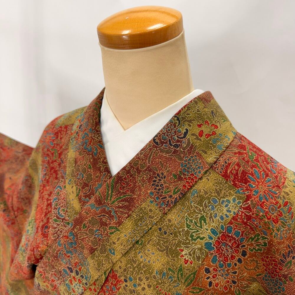 小紋 洗える着物 幅広 大きい 裄69cm 身丈160.5cm 花柄 袷 普段着 ポリエステル 中古 茶色 L サイズ 6608