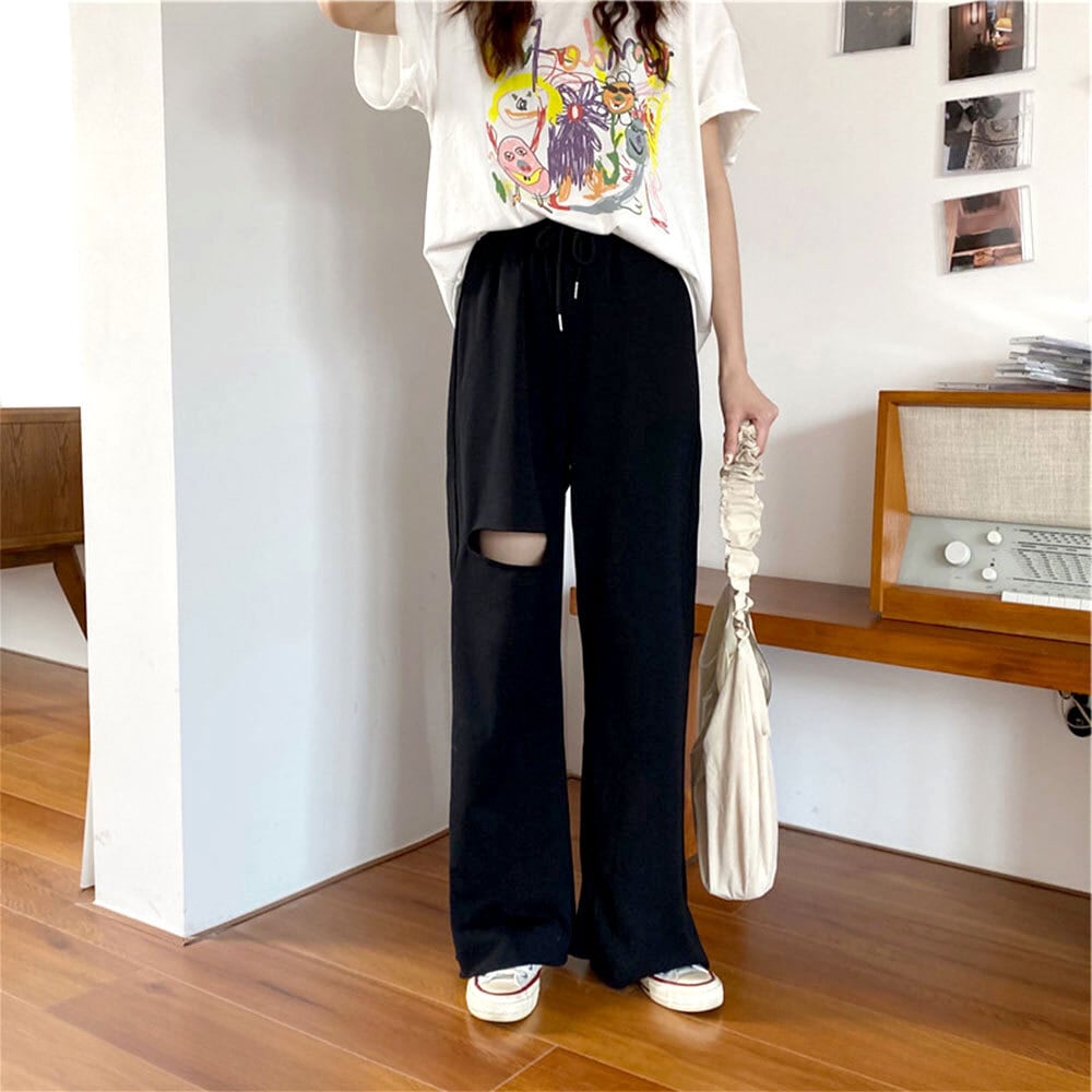 ダメージ スウェット パンツ レディース 春秋 韓国 ルームウェア ストリート 大人 かわいい おしゃれ 部屋着 きれいめ 薄手 アメカジ イージーパンツ 大人可愛い 大人女子