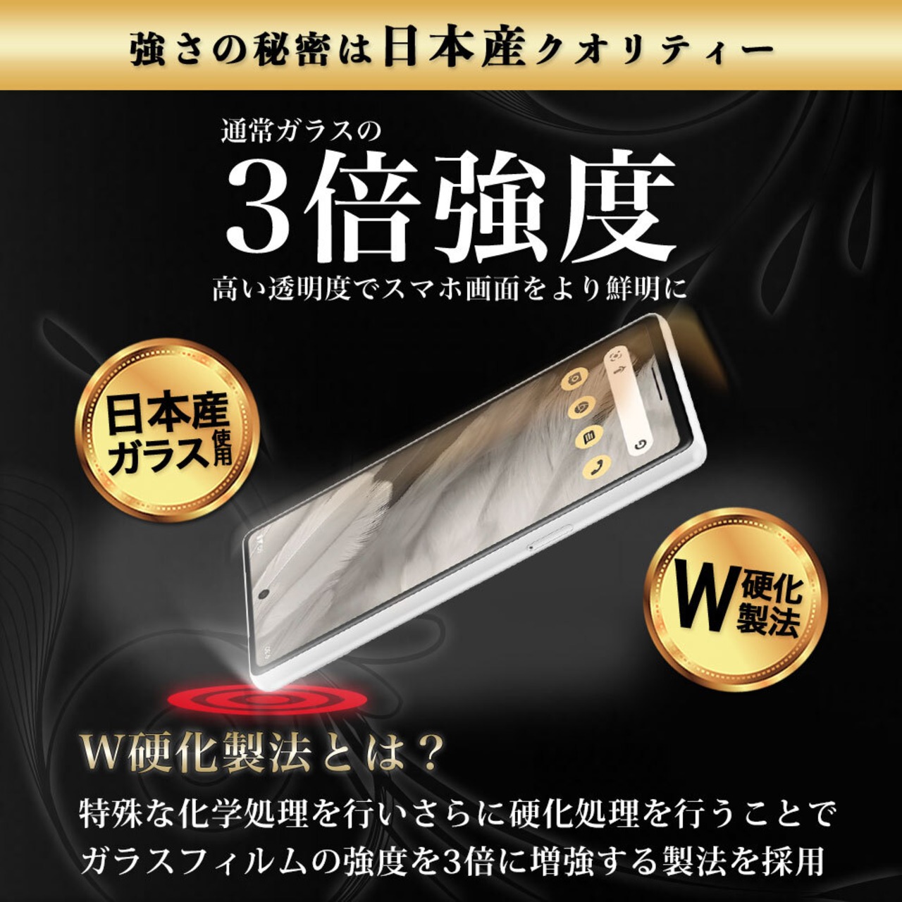 Hy+ Pixel7a フィルム ピクセル7a ガラスフィルム W硬化製法 一般ガラスの3倍強度 全面保護 全面吸着 日本産ガラス使用 厚み0.33mm ブラック