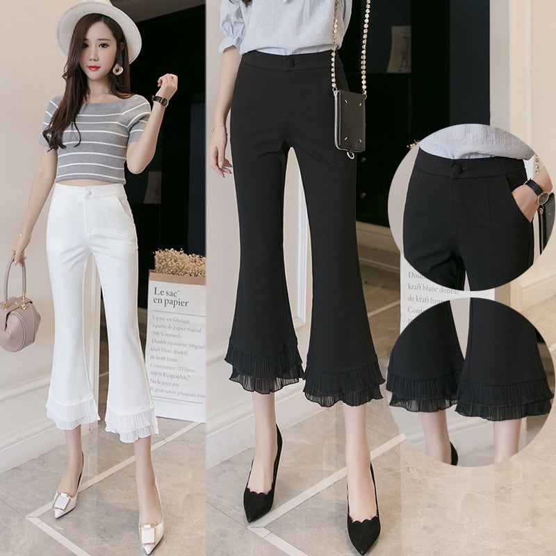 ボトムス パンツ ズボン フレアパンツ クロップドパンツ 7分丈 フレア スリム タイト 細身 裾ワイド フリル ポケット ハイウエスト 伸縮性 かわいい 大人可愛い きれいめ シンプル カジュアル 大人 おしゃれ フォーマル 無地 春 夏 秋 冬 オールシーズン シーズンレス 10代 20代 30代 40代 50代 60代 レディース オフィス 通勤 デート お出かけ 女子会 休日 パーティー イベント 旅行 ショッピング 普段使い 美脚 脚長 S M L XL 2XL ジャスト ホワイト ブラック
