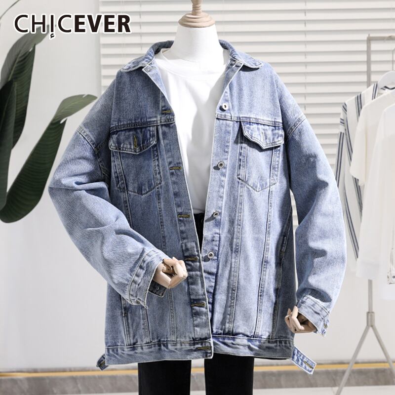 CHICEVERデニムジャケットラペルカラー長袖プラスサイズルーズヴィンテージコートレディース2020春服 ロング 大きめサイズ スプリング 春物 ビンテージ 6base511853316583