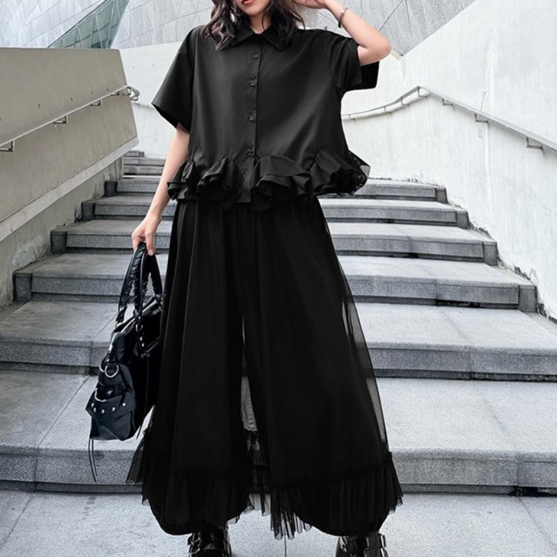 フリル 半袖 クロップド シャツカラー ブラウス&ワイドレッグパンツ(上下個別) 1color ST0219
