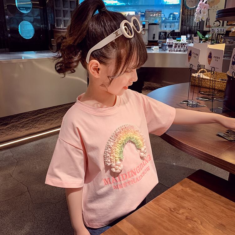 【予約商品】tシャツ キッズ コットン Tシャツ 綿　ベビー チュニック シャツ 半袖 カットソー ガールズ 子ども 立体 花 虹 登園 登校 姉妹  トップス 子供服 女の子 夏 かわいい おしゃれ