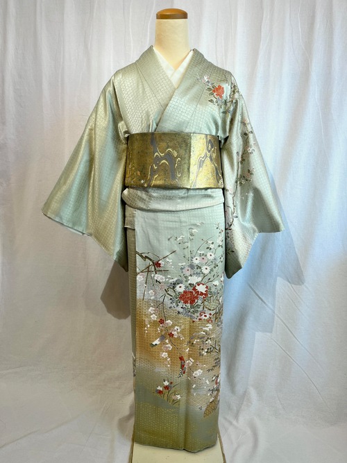 2243 草花と鳥文様 訪問着 袷単品 Houmongi (lined kimono)