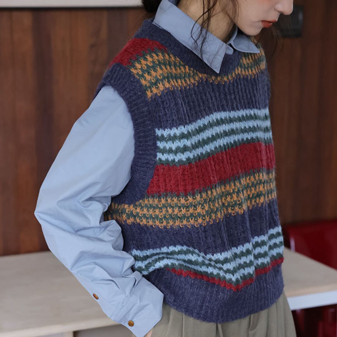ボーダー柄 クルーネック ニットベスト 00561