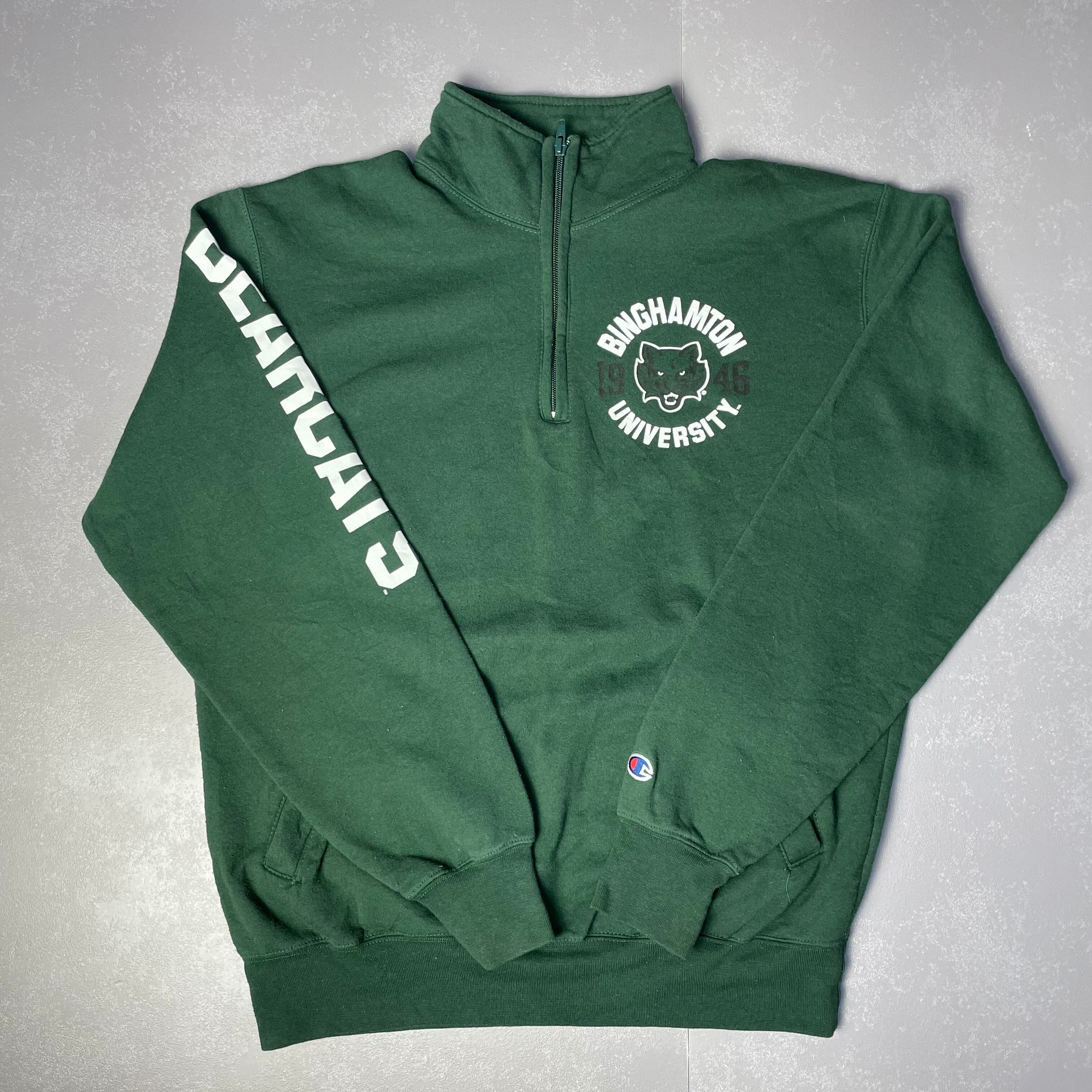 Champion チャンピオン ワンポイント カレッジ ロゴ ハーフジップスウェット トレーナー メンズM 古着 グリーン 緑【スウェット】