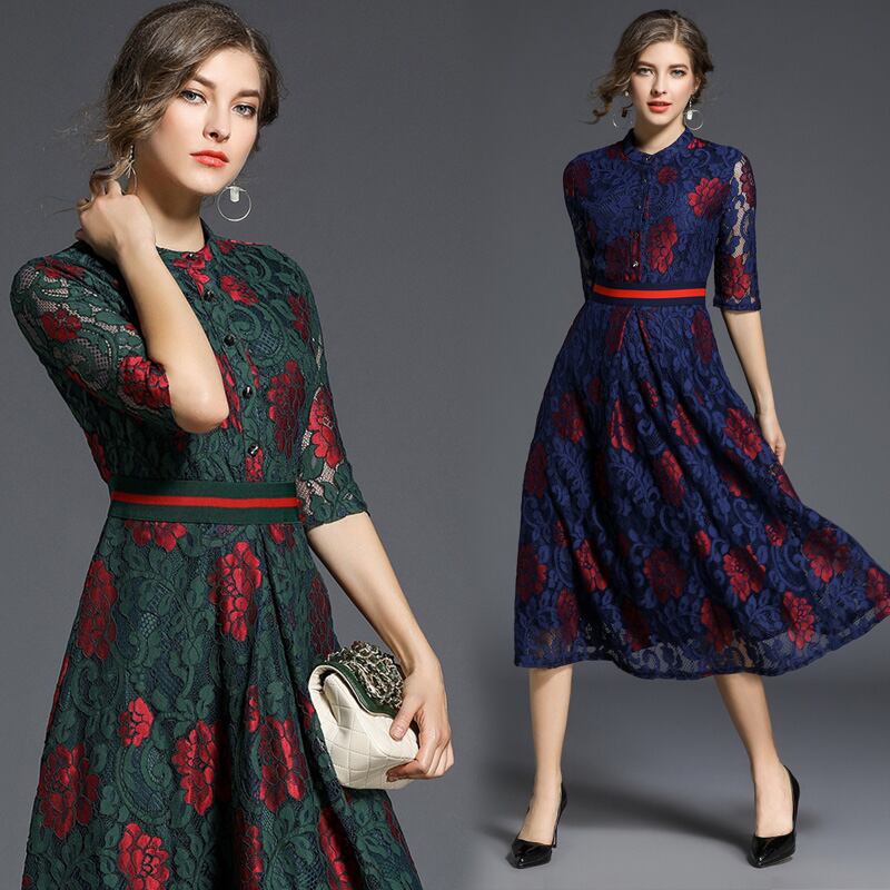 フラワー刺繍ワンピース五分袖