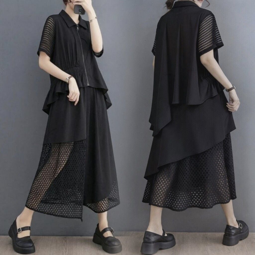 ZIP COLLAR MESH LAYERED TOP AND SKIRT SETUP M-17925