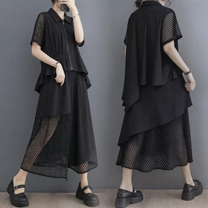 ZIP COLLAR MESH LAYERED TOP AND SKIRT SETUP M-17925