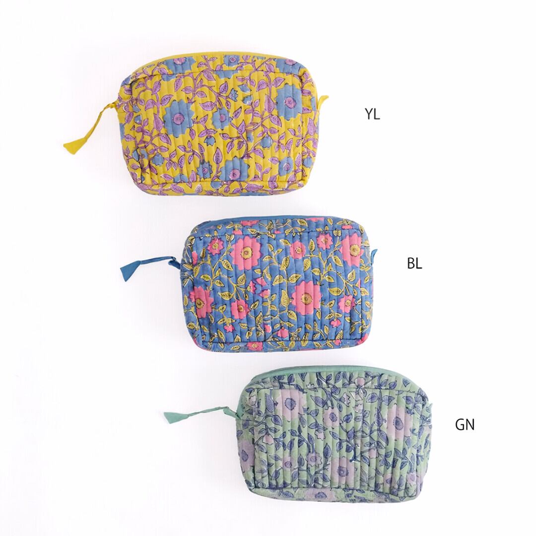 ブロックプリントのキルティングポーチ ベインフラワー(3色)