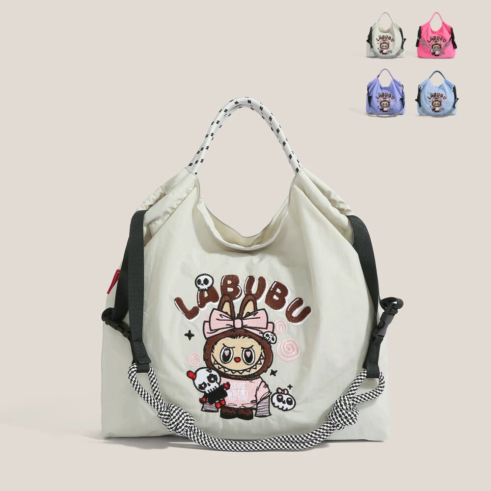 和風刺繍が目を引く!可愛い labubu ラブブ 刺繍トートバッグ S/Lサイズ かわいい 和風こだわり レディースショルダーバッグ 多用途バッグ かわいいデザイン