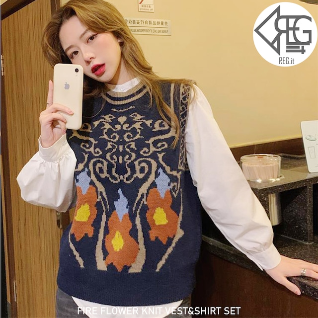 【REGIT】【即納】FIRE FLOWER KNIT VEST&SHIRT SET 韓国 服 ベスト ニット プルオーバー シャツ セットアップ 10代 20代 30代 ノースリーブ 袖なし 春 花柄 プチプラ 着回し 着映え