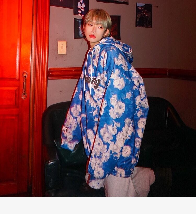 3カラー】花柄 パーカー 水色 トレーナー 花柄 オーバーサイ